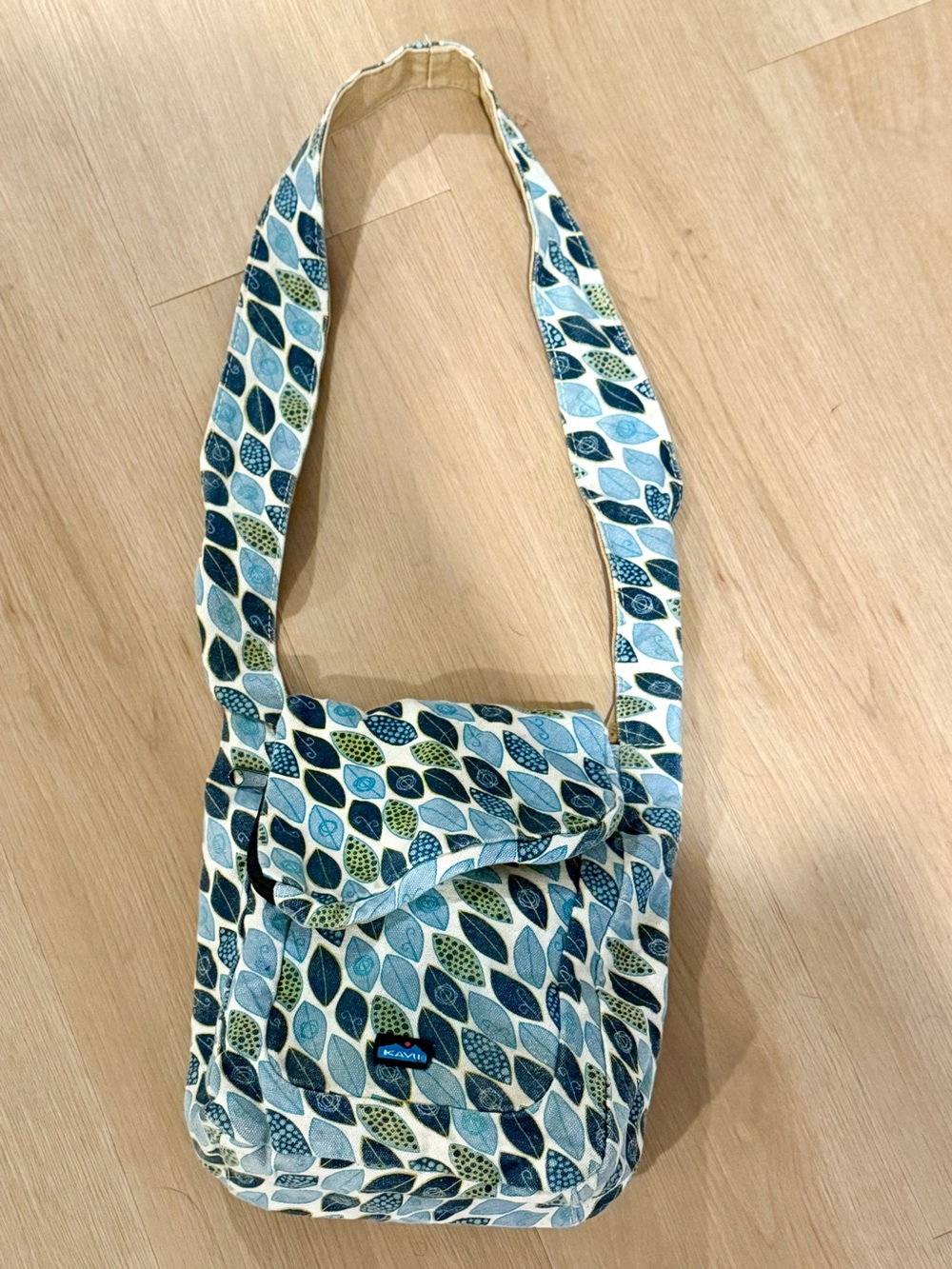 KAVU Canvas Crossbody Messenger Bag - Blue & Green Leaf Print